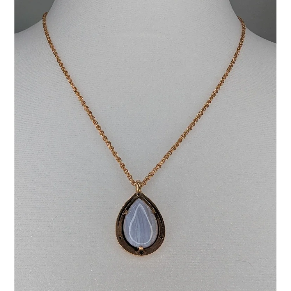 Alex and Ani Blue Lace Agate Teardrop Pendant Necklace 925 Sterling Silver Gold - Picture 1 of 4